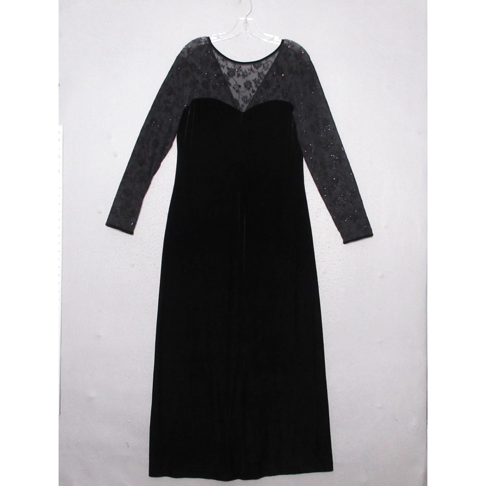 Robbie‎ Bee Dress 12 Black Floral Velvet Sheer Long Sleeve Maxi Whimsigoth Y2K